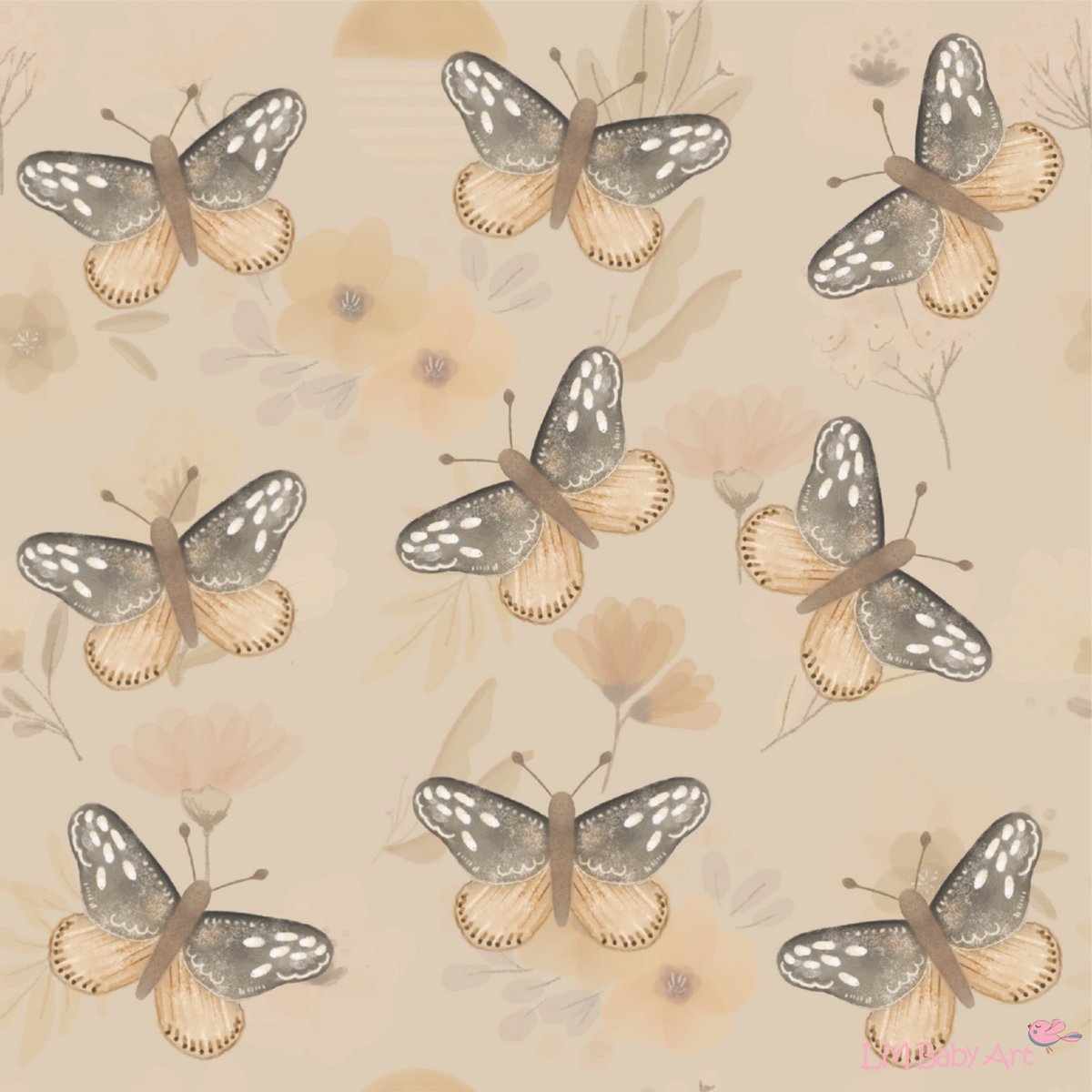 Behang vlinder en bloemen patroon - Sunny Bloom Collectie | Boho babykamer | Vrolijk vlinder en bloemen behang