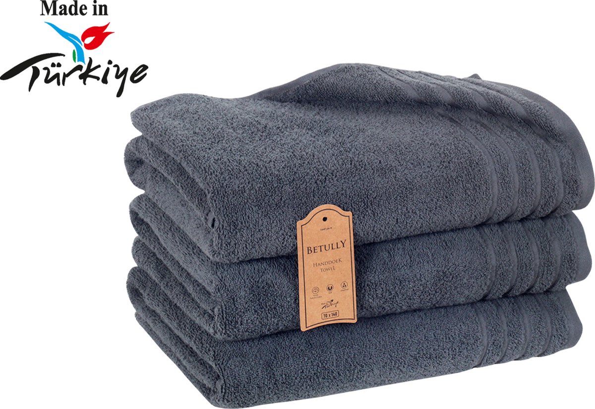 Betully ® Gibby XL Handdoeken Antraciet - 70x140 - Set van 3 - Badhanddoeken hotelkwaliteit - 100% katoen