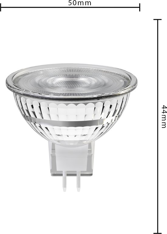 Halogeenlamp met GU5.3 fitting, 50mm breed en 44mm hoog. Glazen reflector met ribbed details.