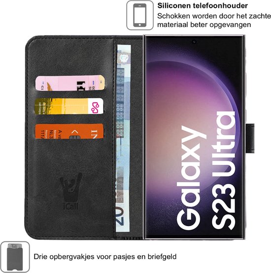 Coque Samsung Galaxy S23 Ultra - Protecteur d'écran FullGuard - Étui livre porte-cartes en Zwart et protecteur d'écran