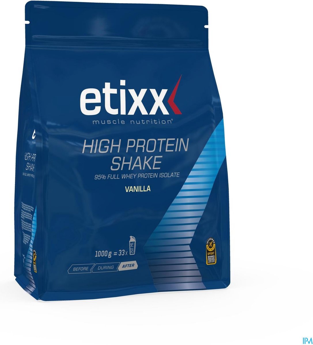 Goedkoopste Etixx High Protein Shake - Muscle Nutrition - Eiwitshake - 1000 gram - Vanille - 95 puur weiproteïne-isolaat - 5g BCAA's per portie - Optimale groei en snel herstel van spiermassa ondersteuning