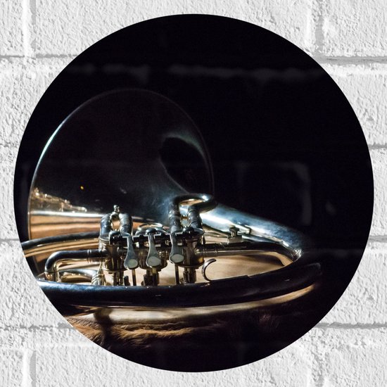 Muursticker Cirkel - Liggend Gouden Blaasinstrument tegen Zwarte Achtergrond - 30x30 cm Foto op Muursticker