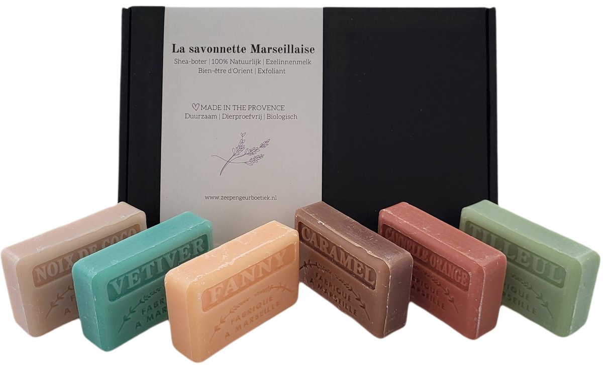 Goedkoopste Soap bar cadeauset savon de marseille zeep, Tilleul, Vetiver, kokos, sinaasappel kaneel, Caramel, Fanny - brievenbuscadeau - zeepgift - natuurlijke zeep - vegan zeep - sheaboter zeep
