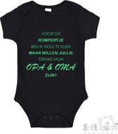 100% katoenen Romper "Voor dit rompertje ben ik nog te klein maar willen jullie straks mijn opa & oma zijn" Unisex Katoen Zwart/mint Maat 56/62