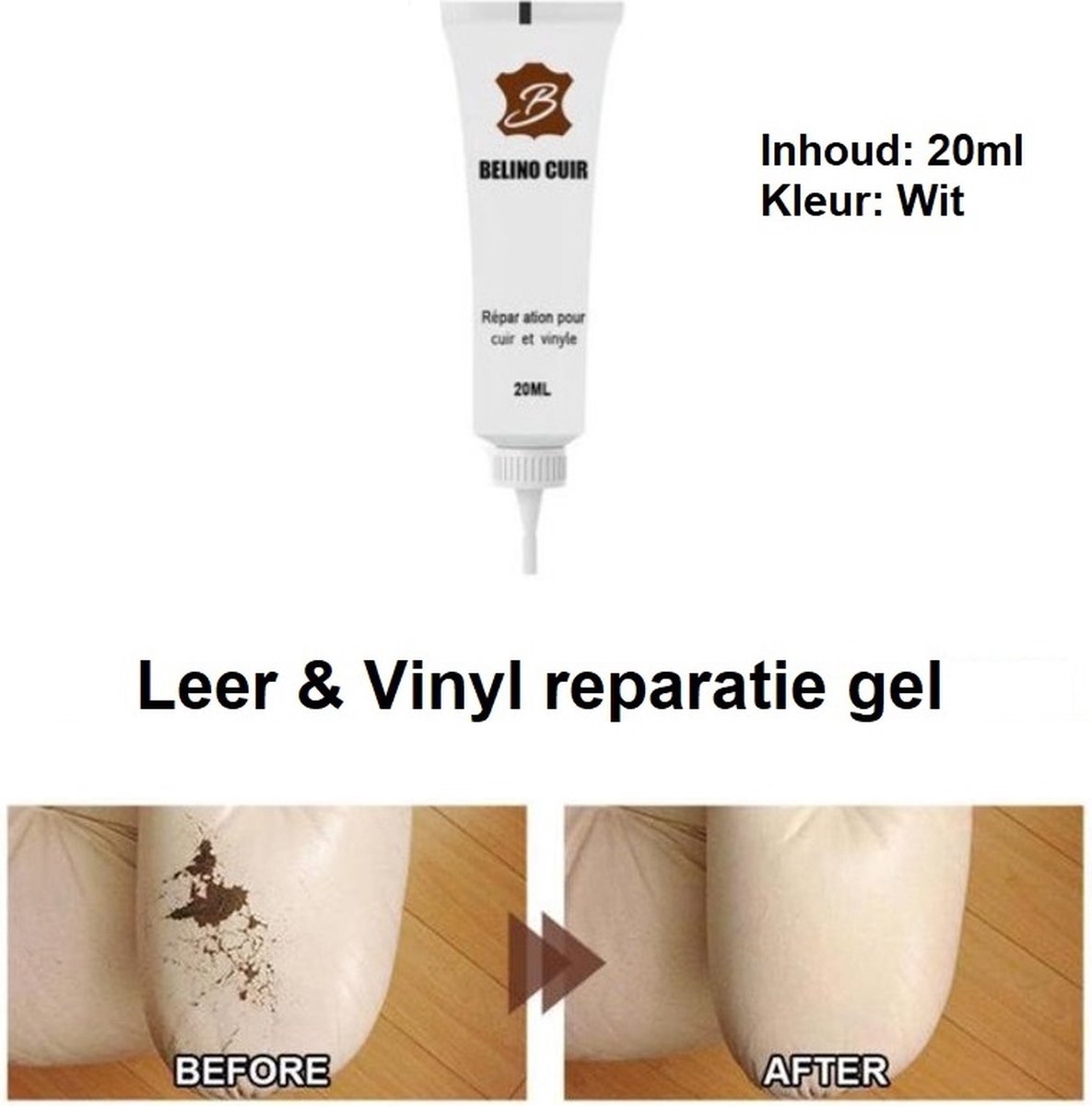 TLVX Leer Reparatie Gel Wit 20ML / Auto / Stoel / Bank / Leder reparatie / Vinyl reparatie / Leer scheuren / Leder herstel / Autostoel leer krassen / Kras leer herstel / Dofheid leer herstel / Haken en ogen leer en vinyl / Snel Leer Herstel