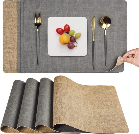 HAGOT Set van 4 placemats en onderzetters, wasbare placemats, dubbelzijdig, antislip, waterdicht HAGOT Set van 4 placemats en onderzetters, wasbare placemats, dubbelzijdig, antislip, waterdicht