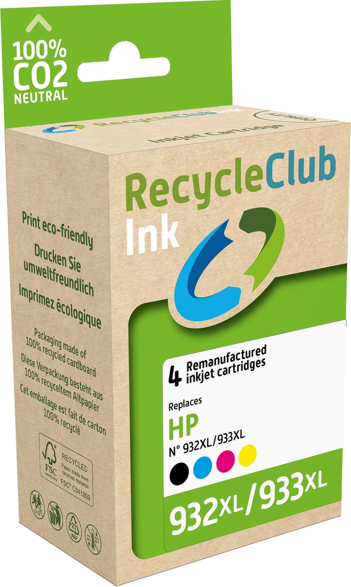 RecycleClub inktcartridge - Inktpatroon - Geschikt voor HP - Alternatief voor HP 932XL Zwart 30ml en 933XL Cyan Blauw 12ml Magenta Rood 12ml Yellow Geel 12ml - 4-pack