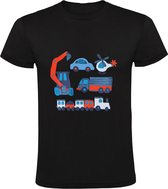 Getekende voertuigen Kinder T-shirt 128 | tekening | auto | helikopter | vrachtauto | trein