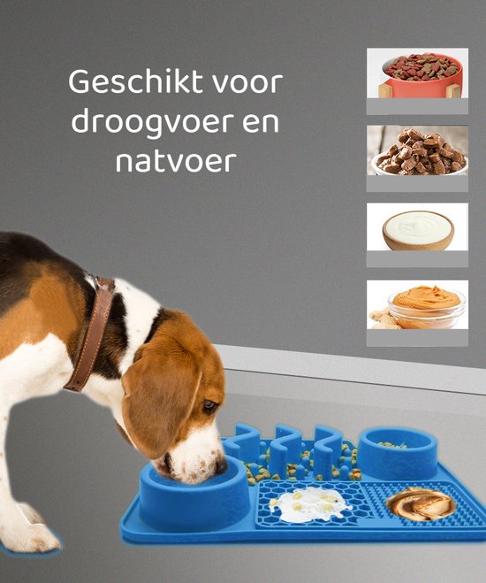 Een beagle hond eet van een blauwe siliconen snuffelmat met diverse voedselvakken, naast afbeeldingen van verschillende soorten voer.