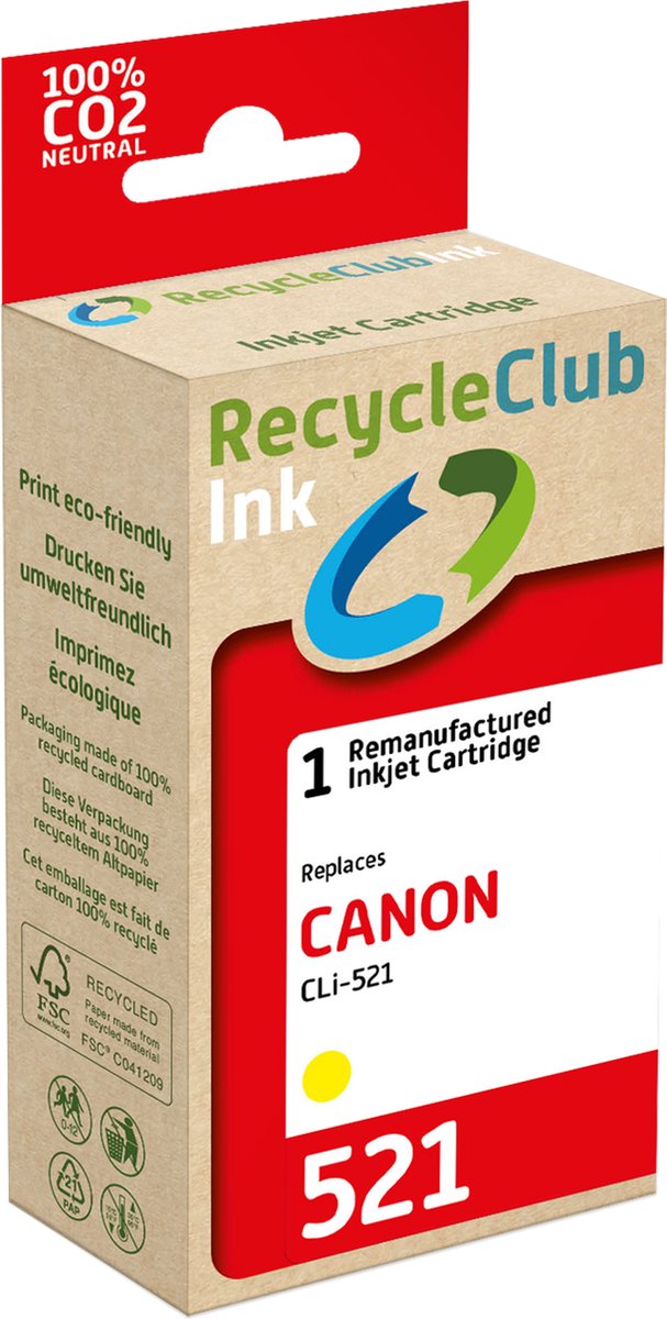 RecycleClub inktcartridge - Inktpatroon - Geschikt voor Canon - Alternatief voor Canon CLi-521 Yellow - Geel 9ml - 740 pagina's