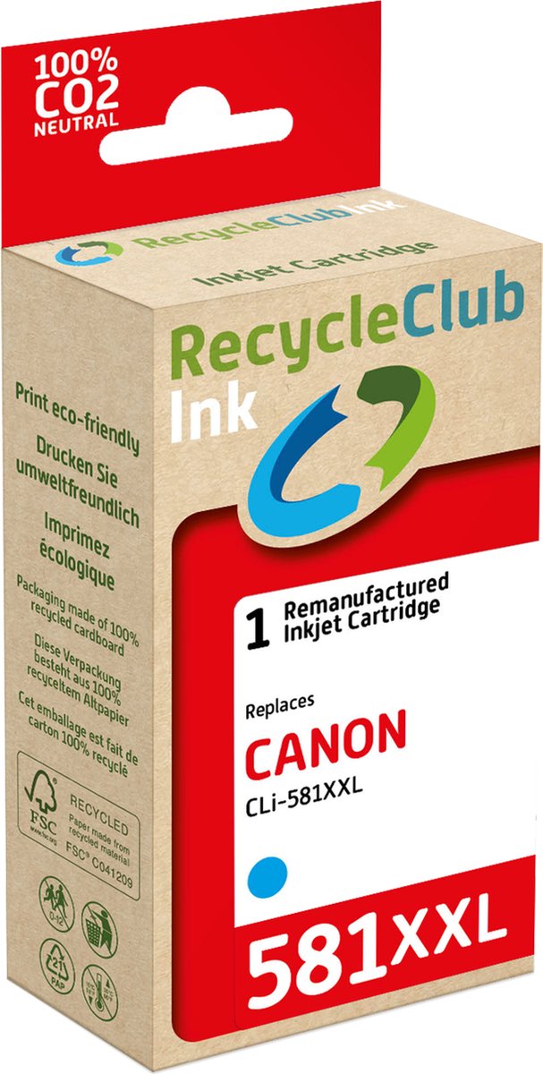 RecycleClub inktcartridge - Inktpatroon - Geschikt voor Canon - Alternatief voor Canon CLi-581XXL Cyaan - Blauw 12ml - 700 pagina's