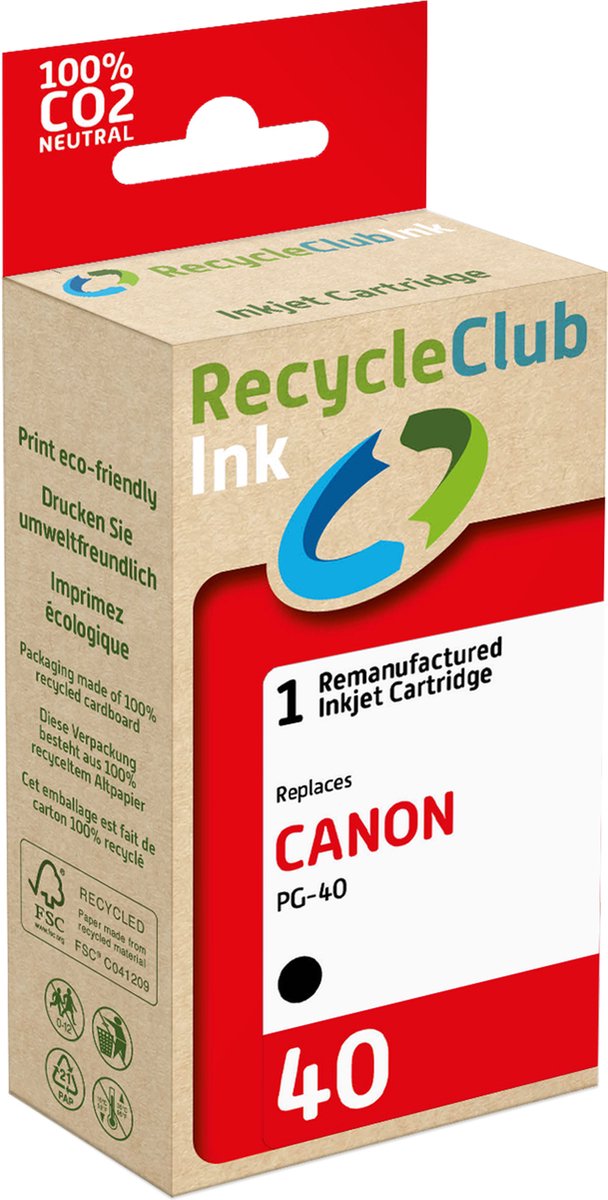 RecycleClub inktcartridge - Inktpatroon - Geschikt voor Canon - Alternatief voor Canon PG-40 Zwart 22ml - 680 pagina's