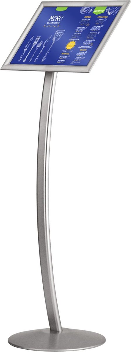 Europel Infostand – Gebogen Staander – A3 (29,7 x 42 cm) – Kliklijst – Stijlvol & Stabiel – Grijs Zilver