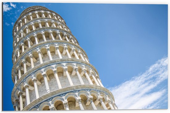 Dibond - Toren van Pisa vanaf onder - Italië - 60x40 cm Foto op Aluminium (Wanddecoratie van metaal)