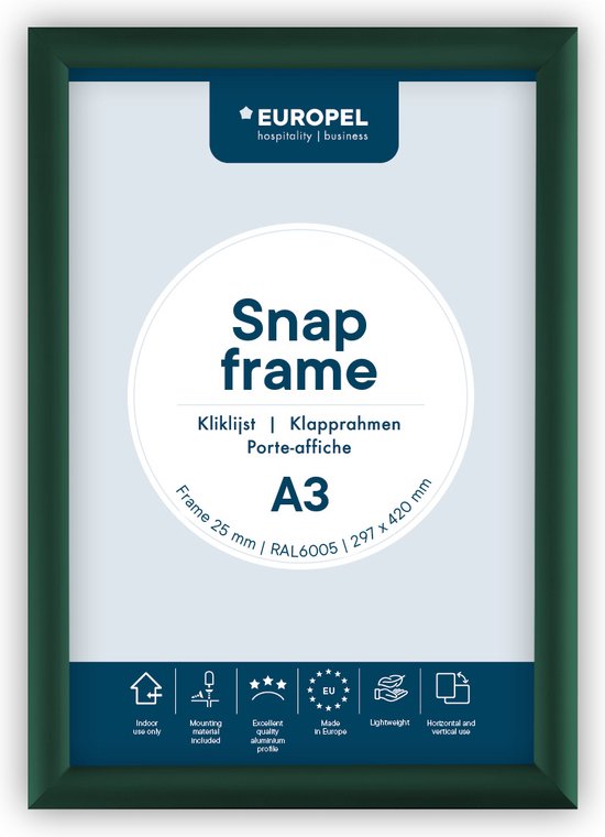Europel Click Frame – Cadre pour affiches – A3 – 29,7 x 42 cm – Aluminium – 25 mm - Vert