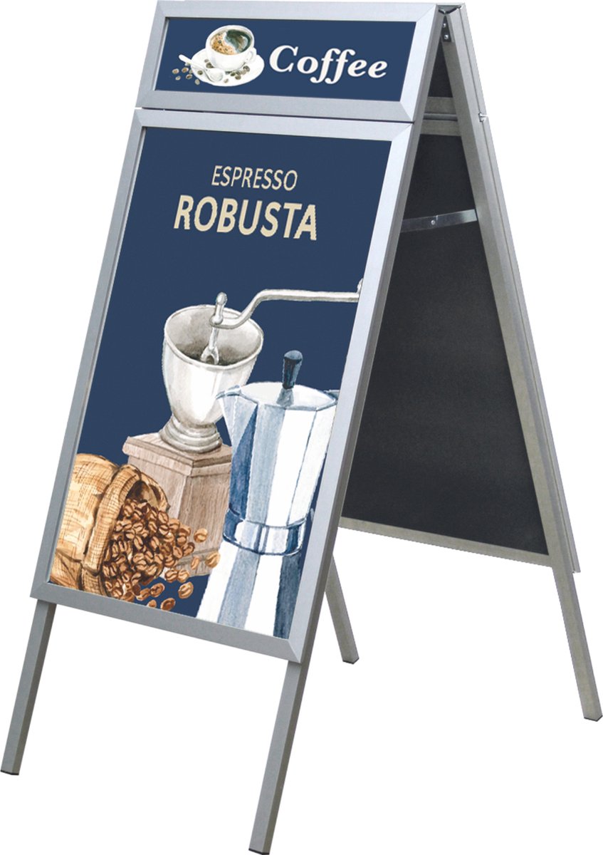 Europel Stoepbord - Kliklijst A1 formaat - 59,4 x 84 cm - 32 mm frame - Inclusief topbord - Dubbelzijdige presentatie - Waterbestendig - Gemakkelijk op te bergen Zilver