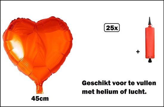 25x Folieballon Hart oranje (45 cm) incl. ballonpomp - koningsdag trouwen huwelijk bruid hartjes ballon feest festival liefde orange