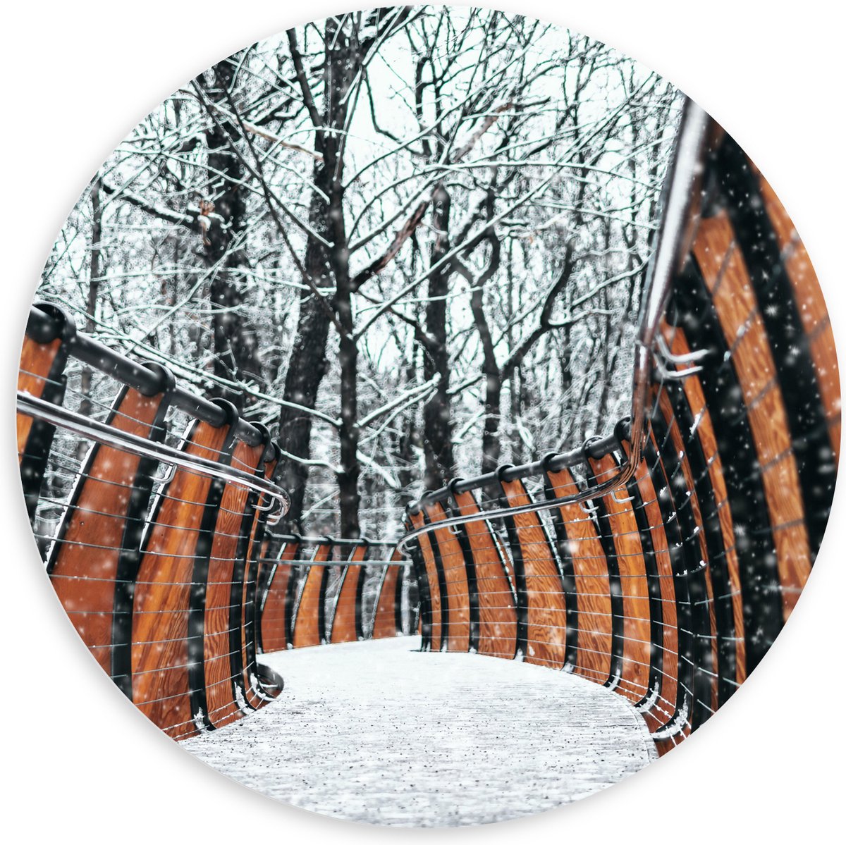 PVC Schuimplaat Muurcirkel - Hekwerk in Ondergesneeuwd Bos - 100x100 cm Foto op Muurcirkel