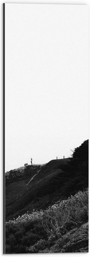 WallClassics - Dibond - Persoon op Heuvels in Landschap (Zwart- wit) - 20x60 cm Foto op Aluminium (Wanddecoratie van metaal)
