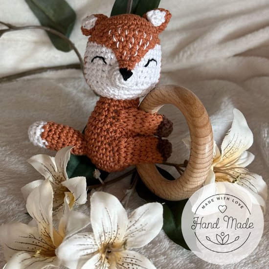 Baby Geboorte Set - Baby Speelgoed - New Born Set - Geschenk Set - Kraamcadeau - Babyshower - Gender Reveal Party - Bijtring - Handgemaakt - Natuurlijke Materialen - Speenkoord - Vos — afbeelding 4