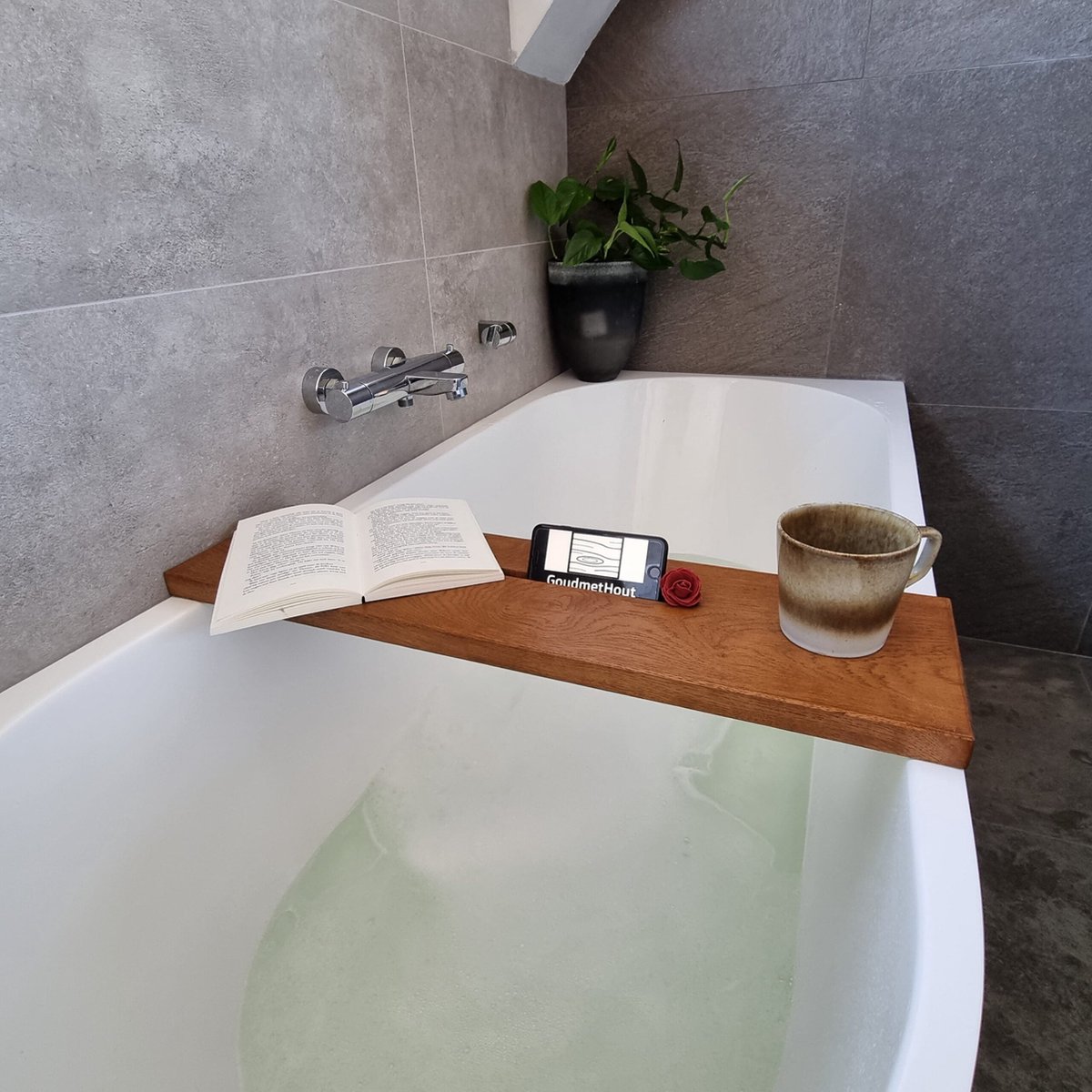 GoudmetHout® Badplank voor in Bad - Badrek - Eiken Hout Tray met Tablethouder - 95cm Plank - Badbrug - Badkamer Accessoires - Donker Warm Eiken