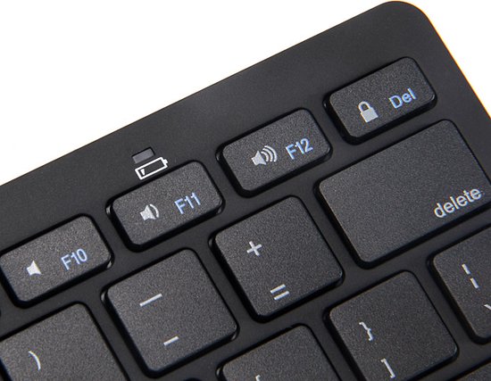 Close-up van F10, F11 met volumepictogram, F12 met volumepictogram en de Del-toets op een zwart Imtex toetsenbord.
