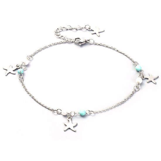 Bracelet de cheville en acier argenté avec pendentifs étoiles de mer, perles de turquoise et perles