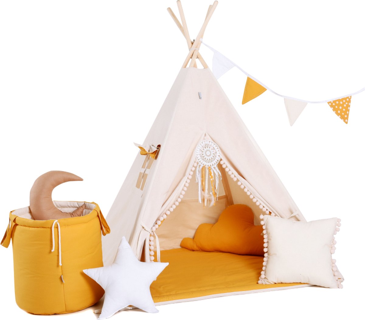 Tipi Tent kinderen - Speeltent - Tipi - Zomerzon - Beige Geel - 160 x 110 x 110 cm - Complete Set met vloerkleed, 2 kussens en toybasket - Wigwam
