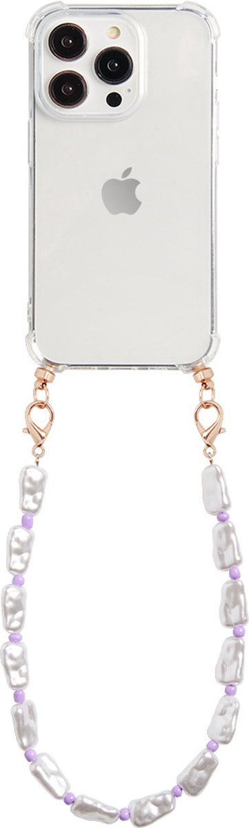 Casies Apple iPhone 12/12 Pro hoesje met koord - Parel ketting - short size - crossbody - Cord Case Pearl Purple Beads