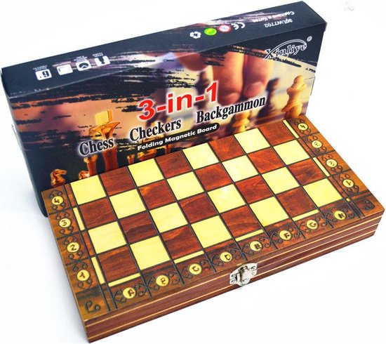 Afbeelding van het spel xxl Schaak dammen backgammon 3 in 1 opvouwbare bordspel magnetische 44cm breed schaakbord met schaakstukken reisspel houten schaakspel