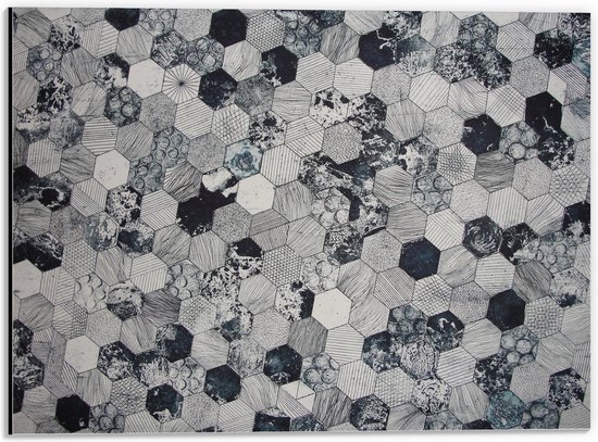 Dibond - Zwart-wit Tegelpatroon met Patronen - 40x30 cm Foto op Aluminium (Wanddecoratie van metaal)