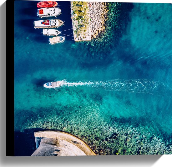 Canvas - Bovenaanzicht Boten in de Blauwe Haven - 40x40 cm Foto op Canvas Schilderij (Wanddecoratie op Canvas)