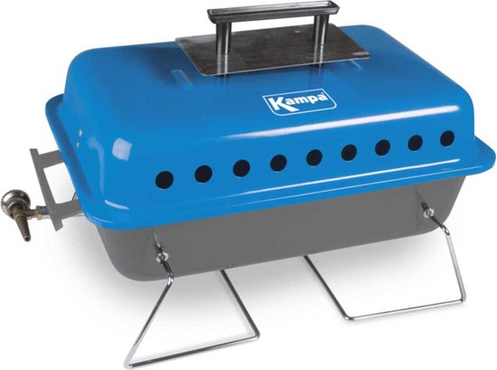 Kampa tafelbarbecue met blauw deksel en grijs onderstel. Met handvat en gasaansluiting.