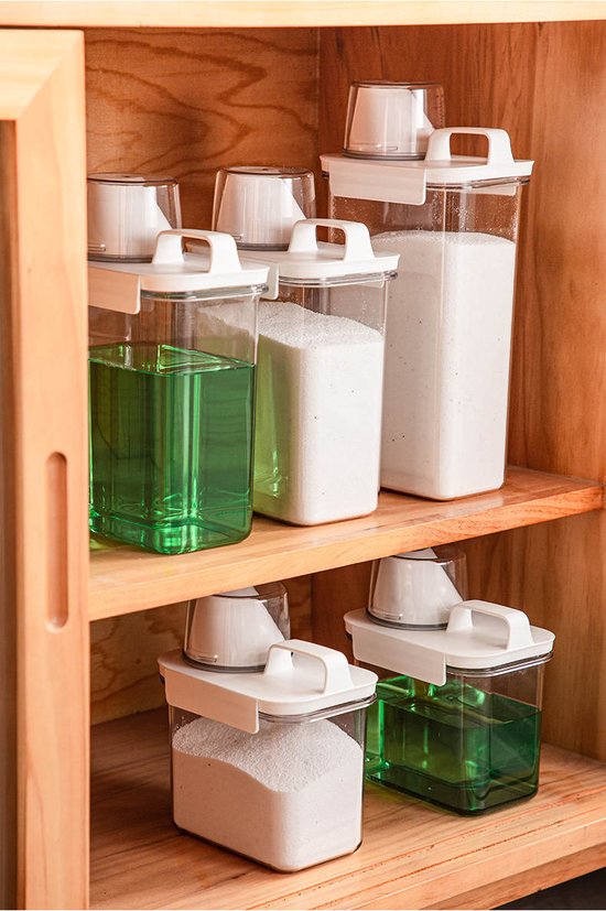Novaliv Wasmiddelbox met deksel, 4 liter, transparant en doseerlepel, 23,5 x 18 x 18,5 cm, doos waspoeder, opbergdoos met handvat, wasmiddel, opslag, waspoederhouder