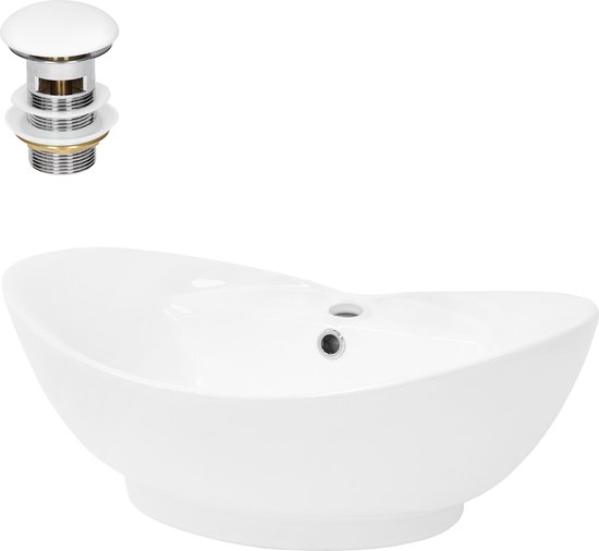 Witte ovale wasbak en bijpassend chromen afvoergarnituur.