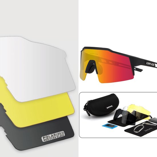 Set sportbrillen met meerdere lenzen: een zwarte bril met oranjerode spiegelende lens, en vier losse lenzen (wit, geel, grijs gepolariseerd). Inclusief hoesje.