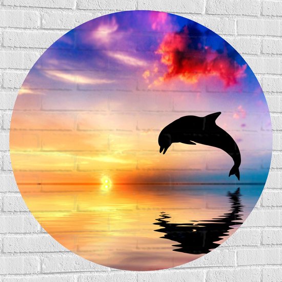 WallClassics - Muursticker Cirkel - Zonsondergang bij Silhouet van Dolfijn boven Water in Kleurrijke Omgeving - 100x100 cm Foto op Muursticker