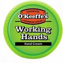 Groene pot O'Keeffe's Working Hands handcrème. Met oranje logo en witte tekst.