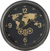 HAES DECO - Grande Horloge Murale avec Wereldkaart 64 cm Or avec Zwart - Horloge Radar à Engrenages Tournants - Klok en Métal et Bois - Cadran avec Chiffres - Horloge Murale Ronde Horloge à Suspendre Horloge de Cuisine