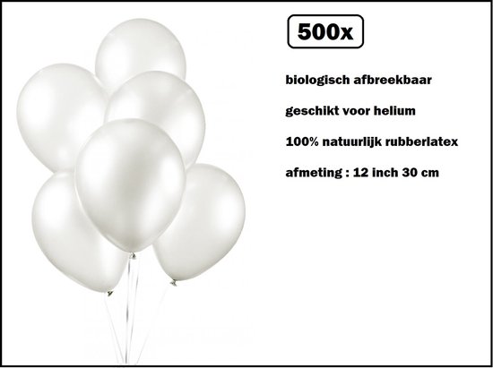 500x Luxe Ballon pearl wit 30cm - biologisch afbreekbaar - Festival feest party verjaardag landen helium lucht thema