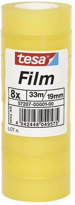Stapel van 8 gele rollen tesa Film plakband. Elk 33m x 19mm.