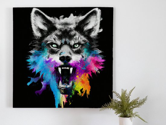 Wolf's Colorful Chaos kunst - 80x80 centimeter op Canvas | Foto op Canvas - wanddecoratie