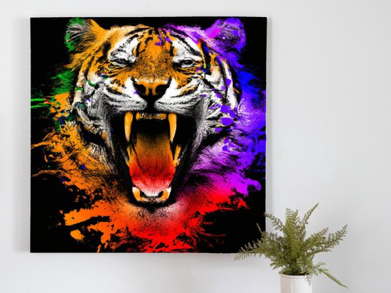 Fiery striped tiger burst | Fiery Striped Tiger Burst | Kunst - 60x60 centimeter op Canvas | Foto op Canvas - wanddecoratie schilderij