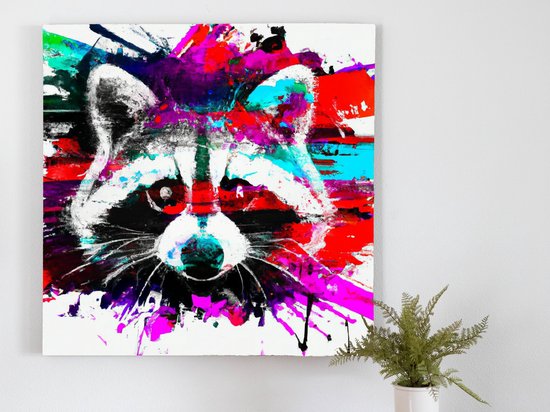 Rainbow Glitter Raccoon kunst - 80x80 centimeter op Canvas | Foto op Canvas - wanddecoratie