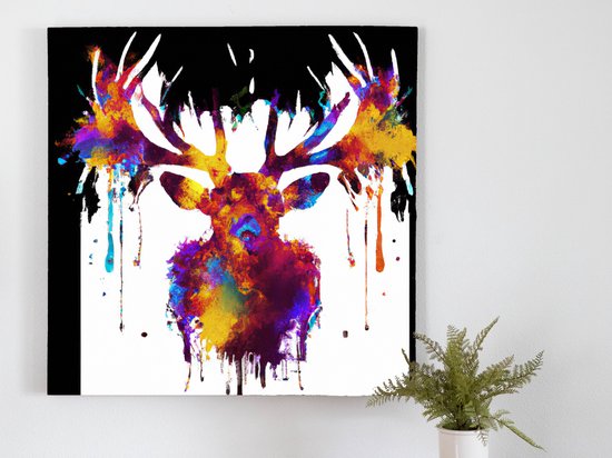 Colorful elk explosion | Colorful Elk Explosion | Kunst - 60x60 centimeter op Canvas | Foto op Canvas - wanddecoratie schilderij