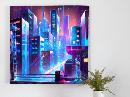 Cyber City at night kunst - 80x80 centimeter op Canvas | Foto op Canvas - wanddecoratie