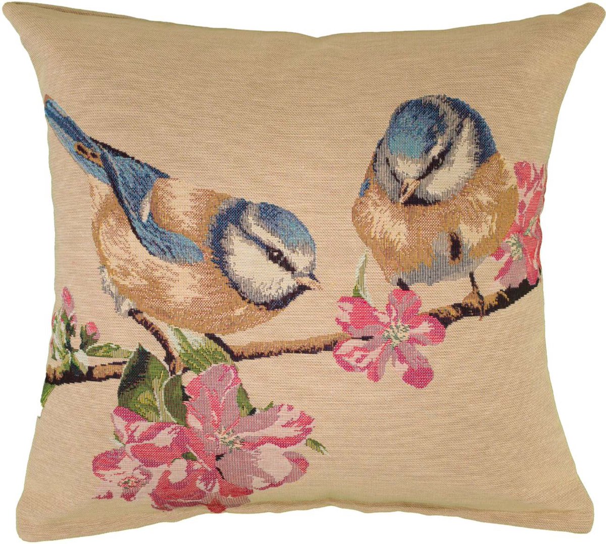 Kussenhoes - Luxe Gobelinstof - Vogels - 2 Pimpelmezen op bloesemtak- 45 x 45 cm