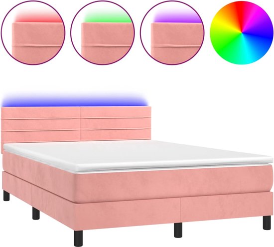 vidaXL-Boxspring-met-matras-en-LED-fluweel-roze-140x200-cm