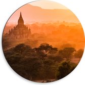 Dibond Muurcirkel - Fel Zonlicht over de Tempels van Myanmar - 50x50 cm Foto op Aluminium Muurcirkel (met ophangsysteem)