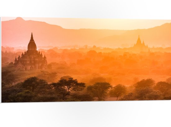 PVC Schuimplaat - Fel Zonlicht over de Tempels van Myanmar - 100x50 cm Foto op PVC Schuimplaat (Met Ophangsysteem)